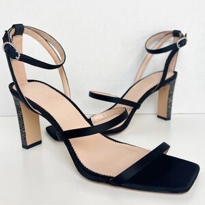•J.CREW• Ava‎ Strappy Glitter Heel Sandals in Black Satin Size 9.5 Style BP333